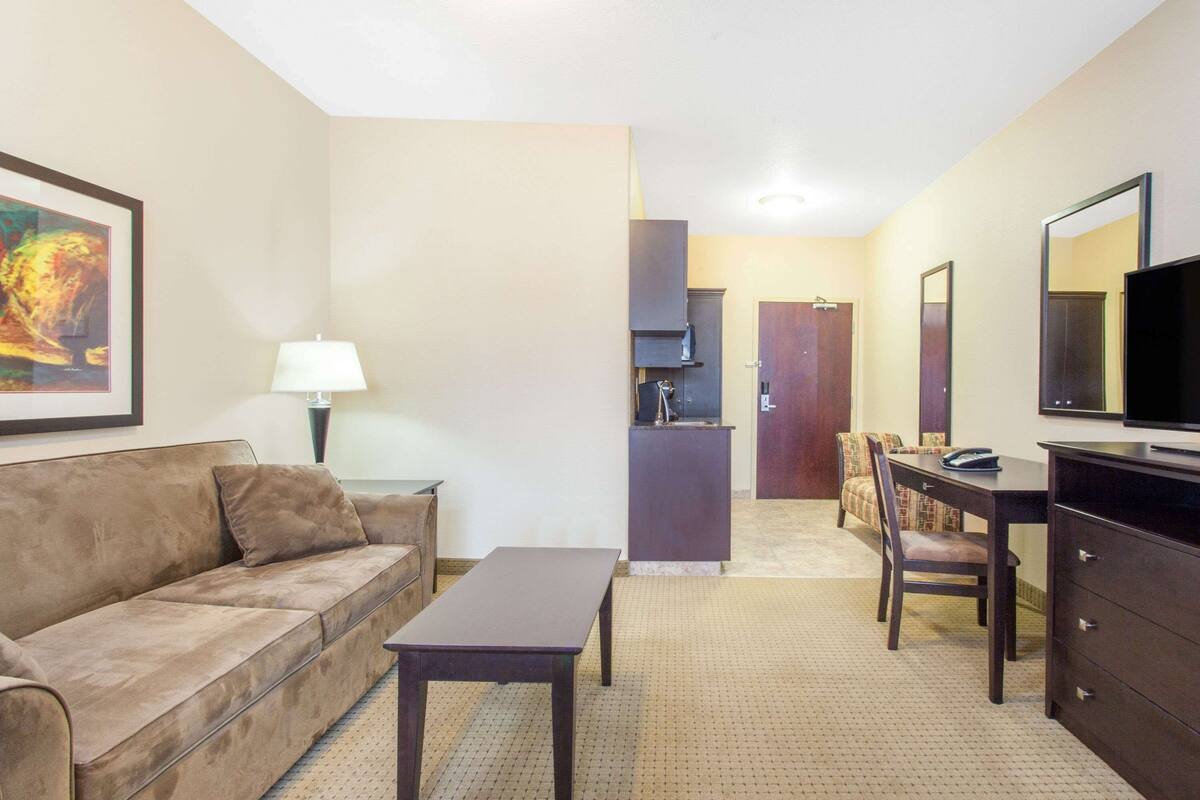 Habitación de hotel con sofá, mesa, televisor, escritorio, silla, lámpara, zona de cocina e imagen enmarcada en la pared.