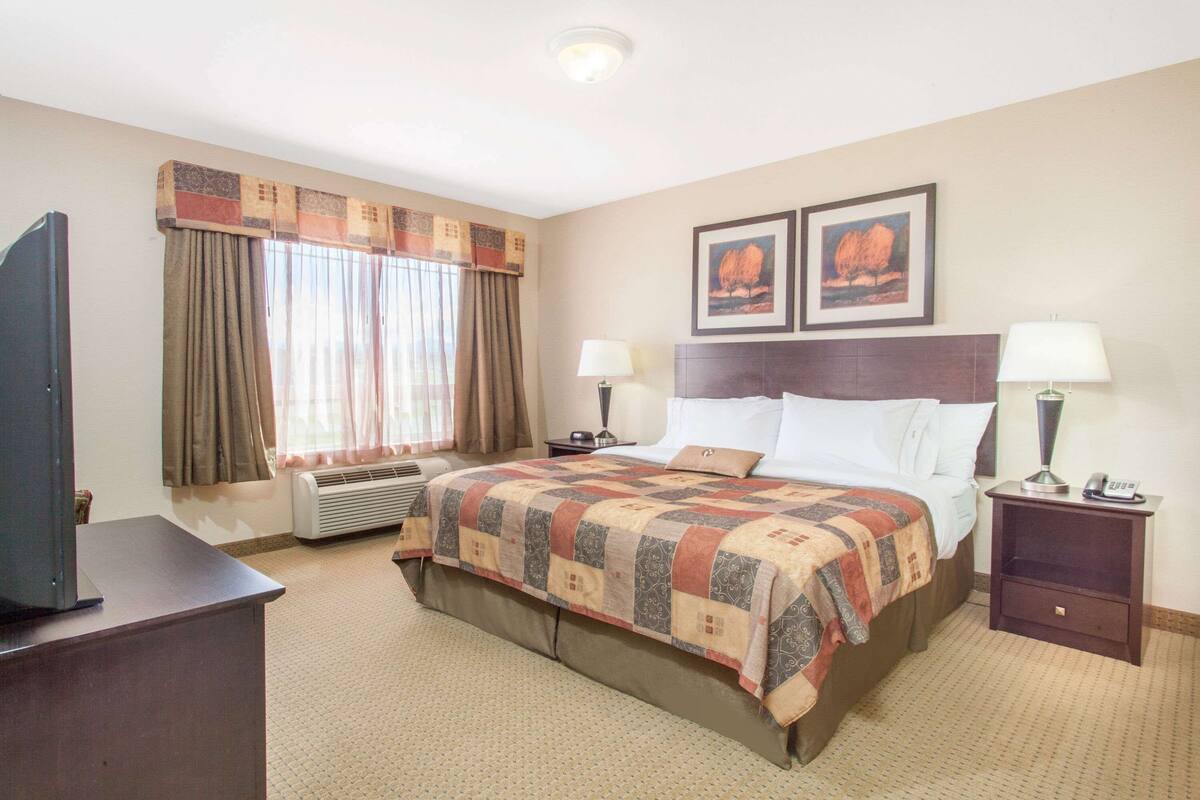 Habitación de hotel con una cama grande, dos mesitas de noche con lámparas, un televisor de pantalla plana, una ventana con cortinas y dos cuadros enmarcados en la pared.
