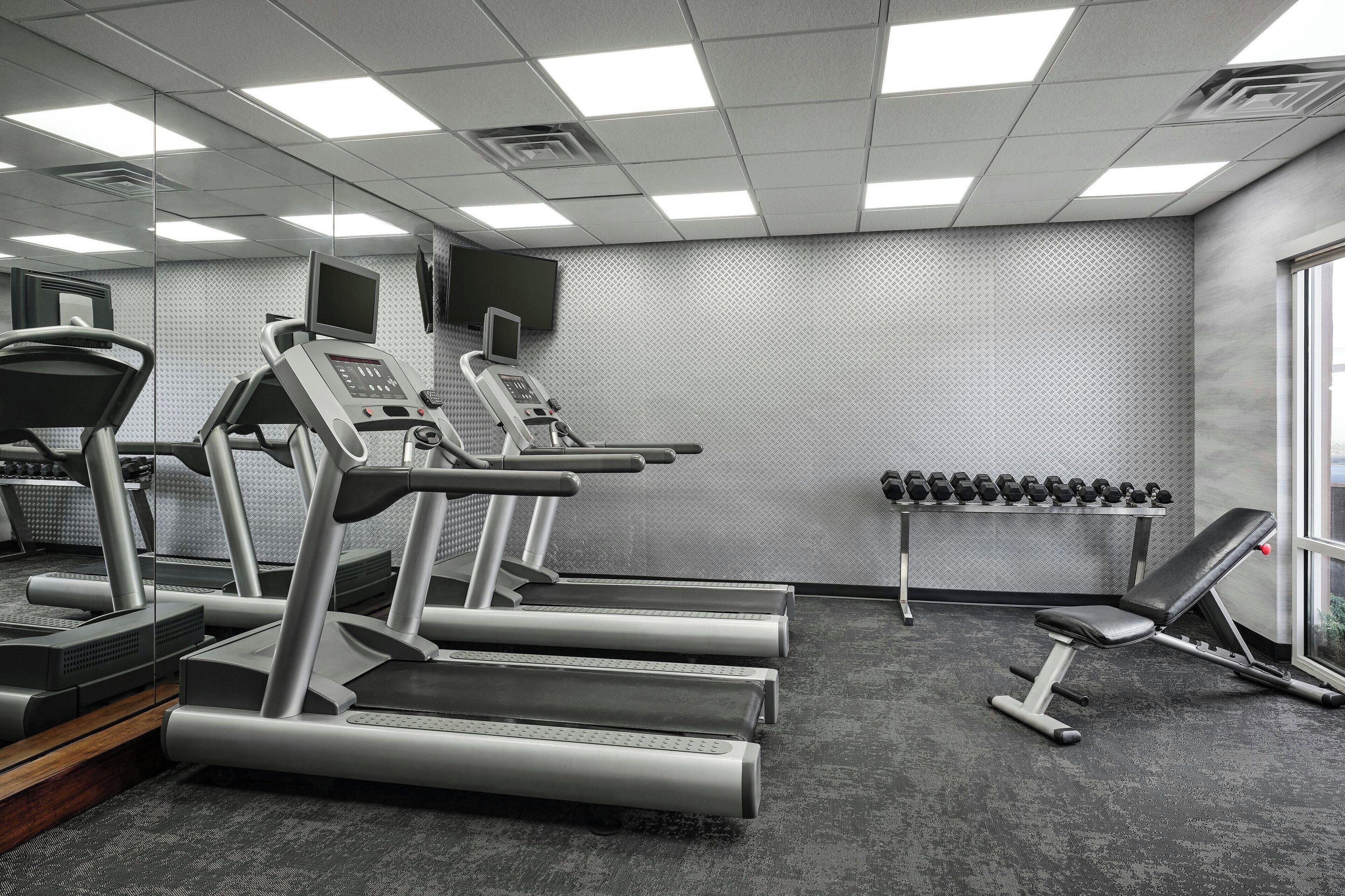 A gym with treadmills, a bench, and a rack of dumbbells.