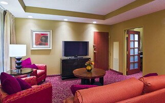 Habitación de hotel con sofá, sillón, televisión y una pequeña mesa con un florero.