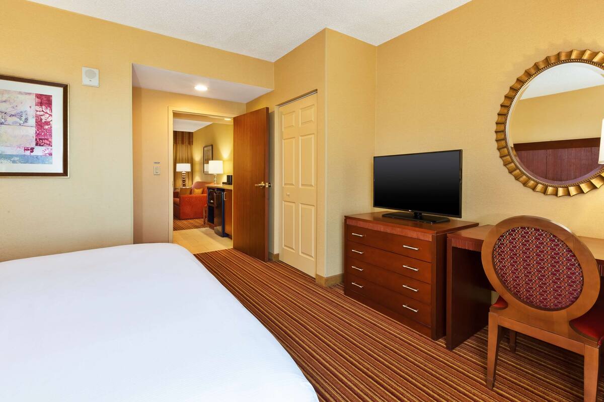A hotel room with a bed, a desk with a television, a chair, a dresser, and a mirror.