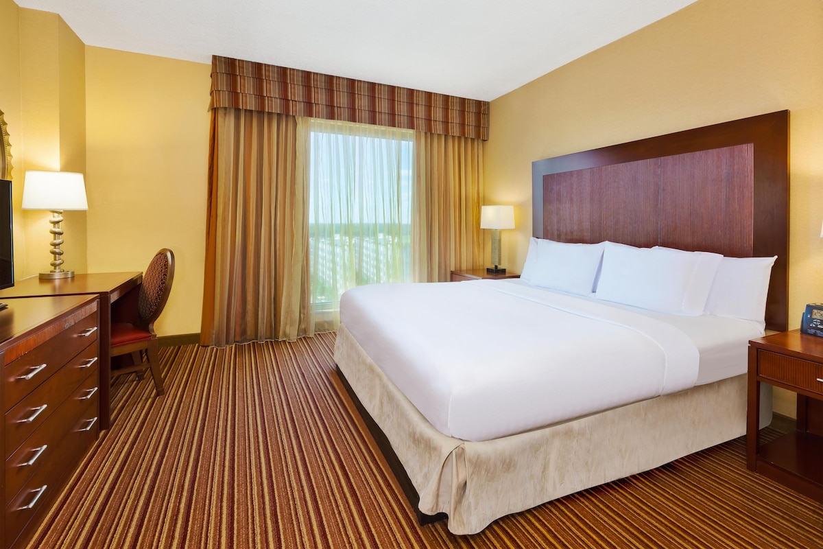 Habitación de hotel con una cama grande, un escritorio con una silla, un televisor y una ventana con cortinas.