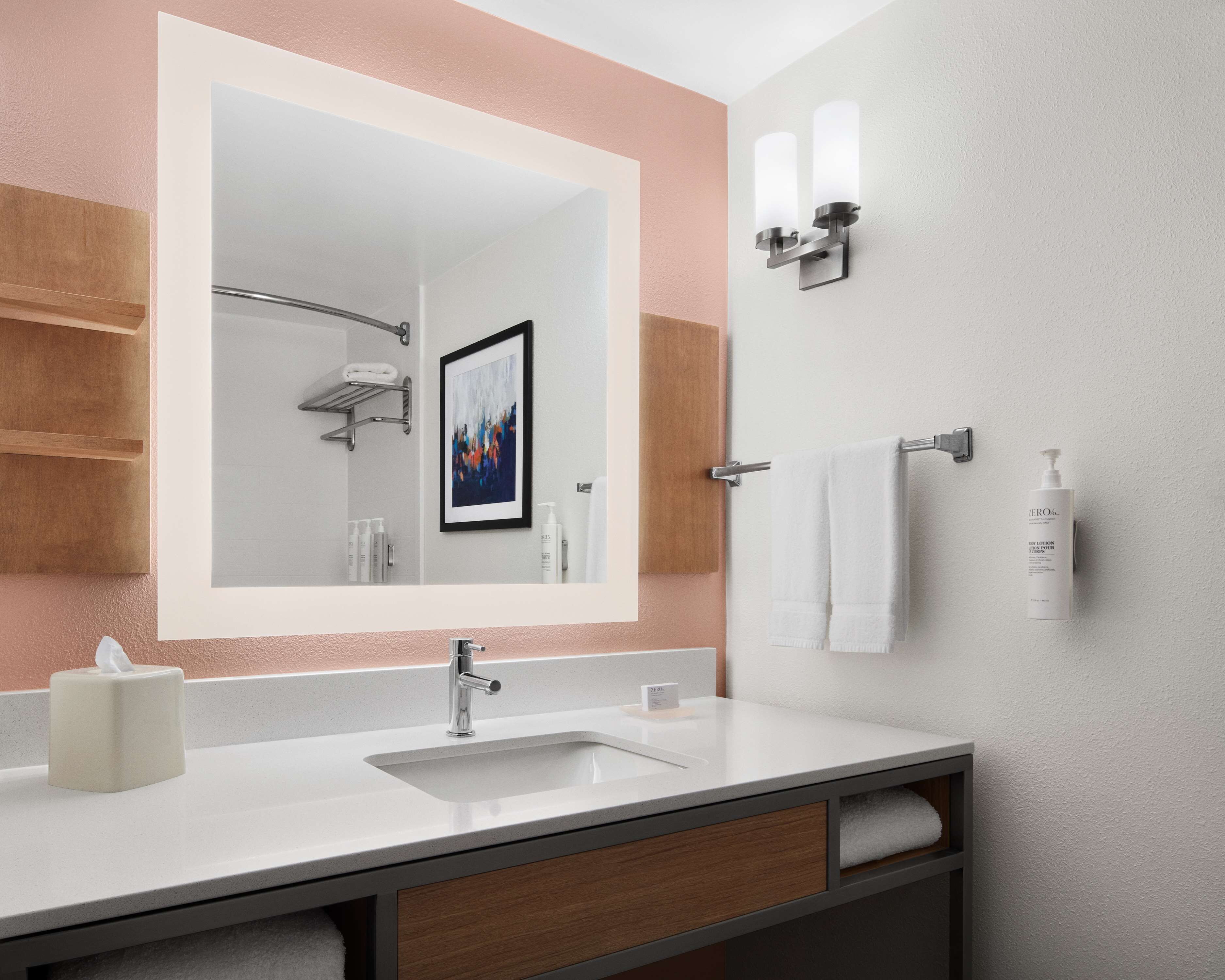 hair dryer, towels, soap, shampoo