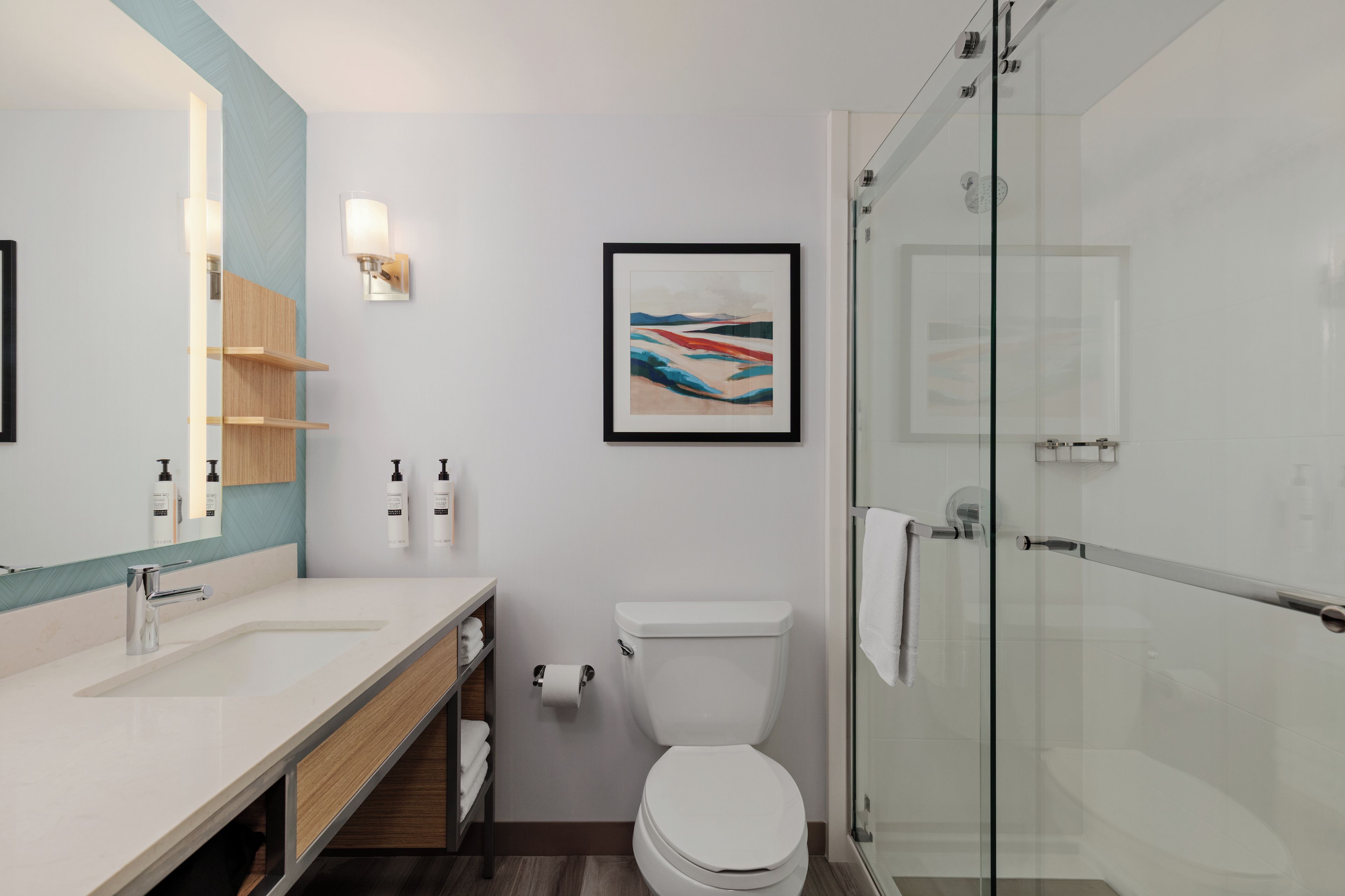 A modern bathroom with a glass shower enclosure, a white toilet, and a large mirror with a wooden vanity.