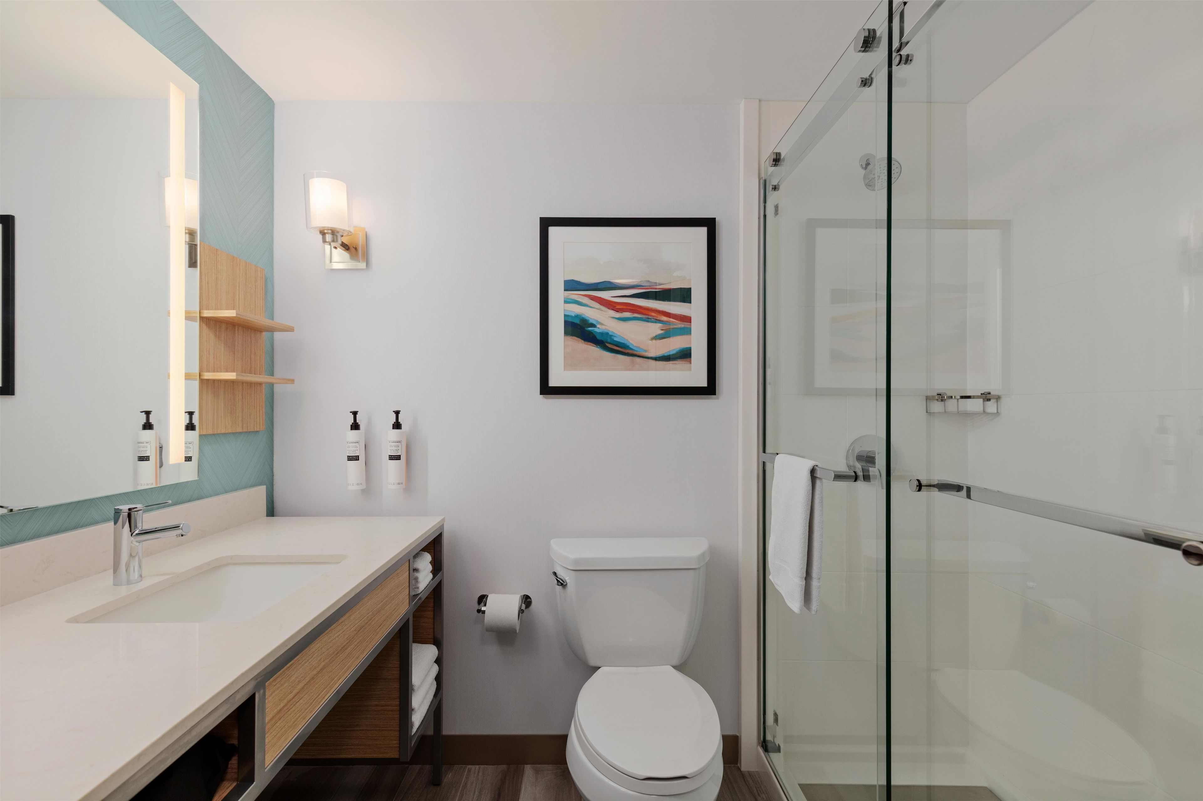 A modern bathroom with a glass shower enclosure, a white toilet, and a large mirror.
