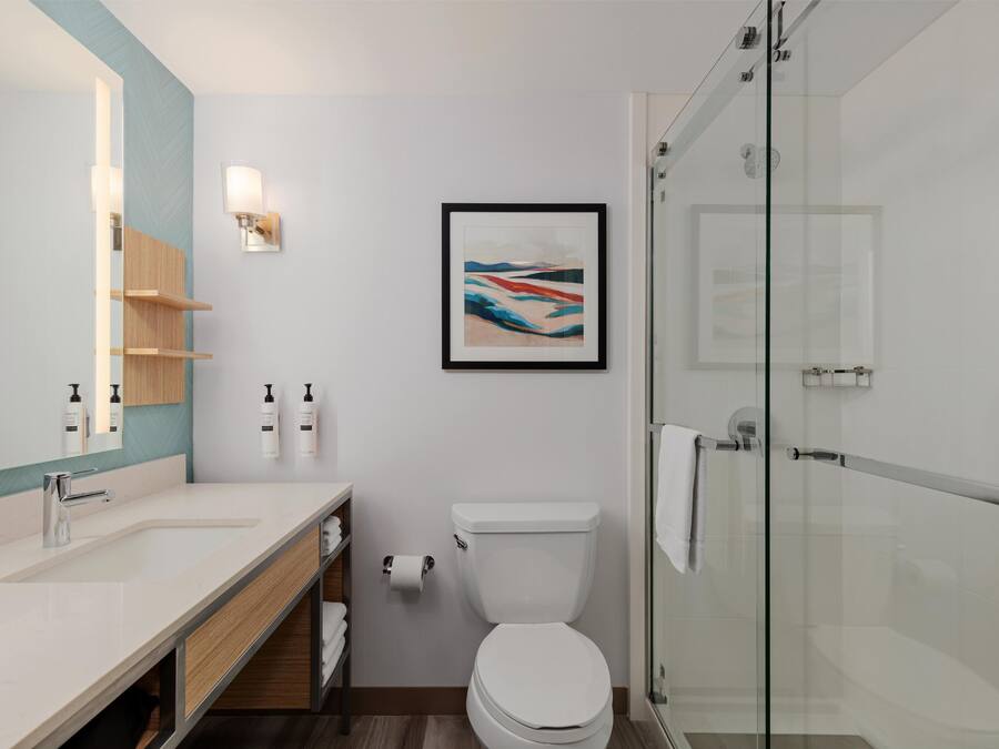 A modern bathroom with a glass shower enclosure, a white toilet, and a large mirror.