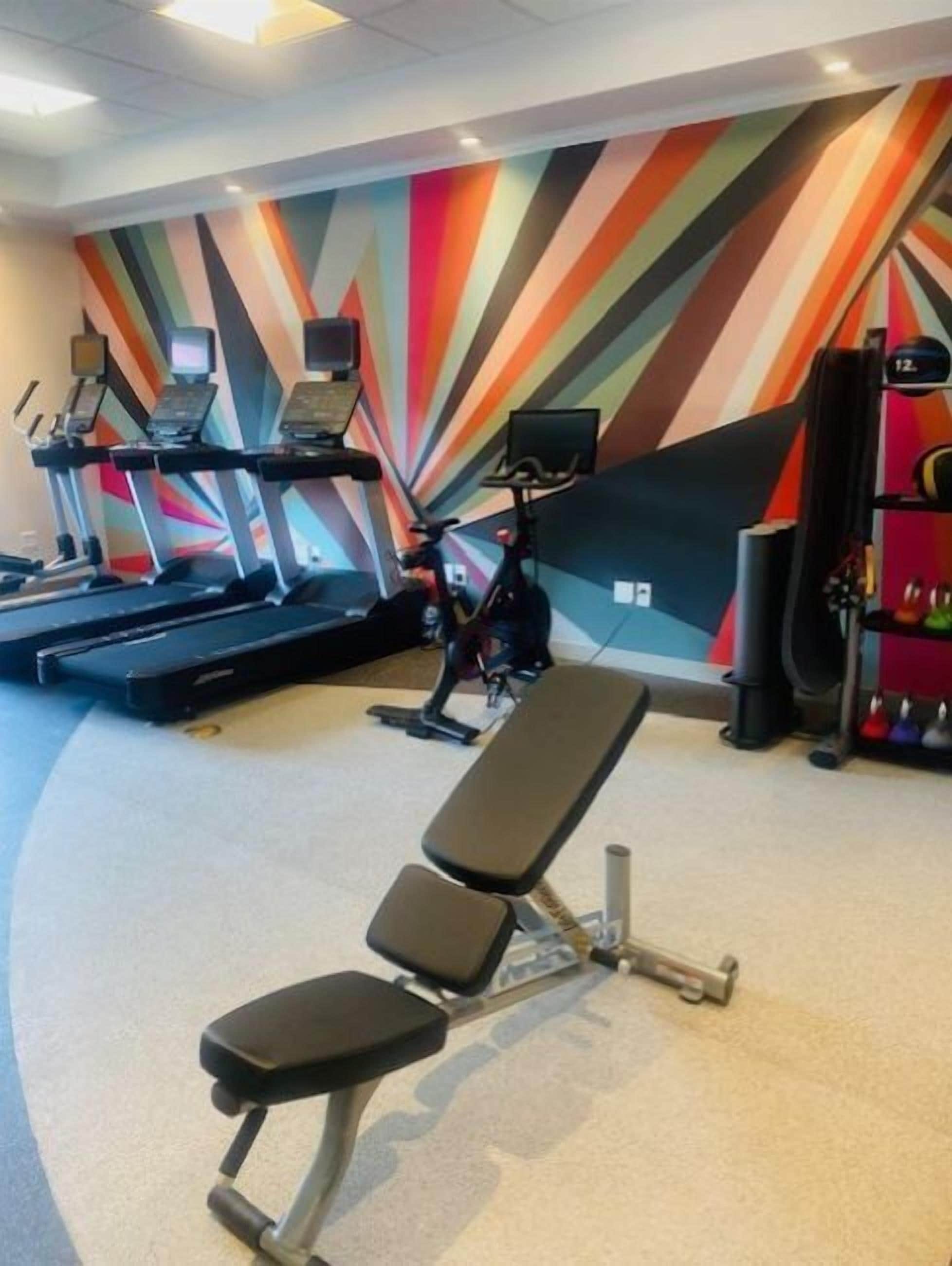 A gym with treadmills, a bench, and a colorful wall.