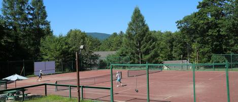 Cancha de tenis con red, rodeada de árboles y una mesa de picnic.