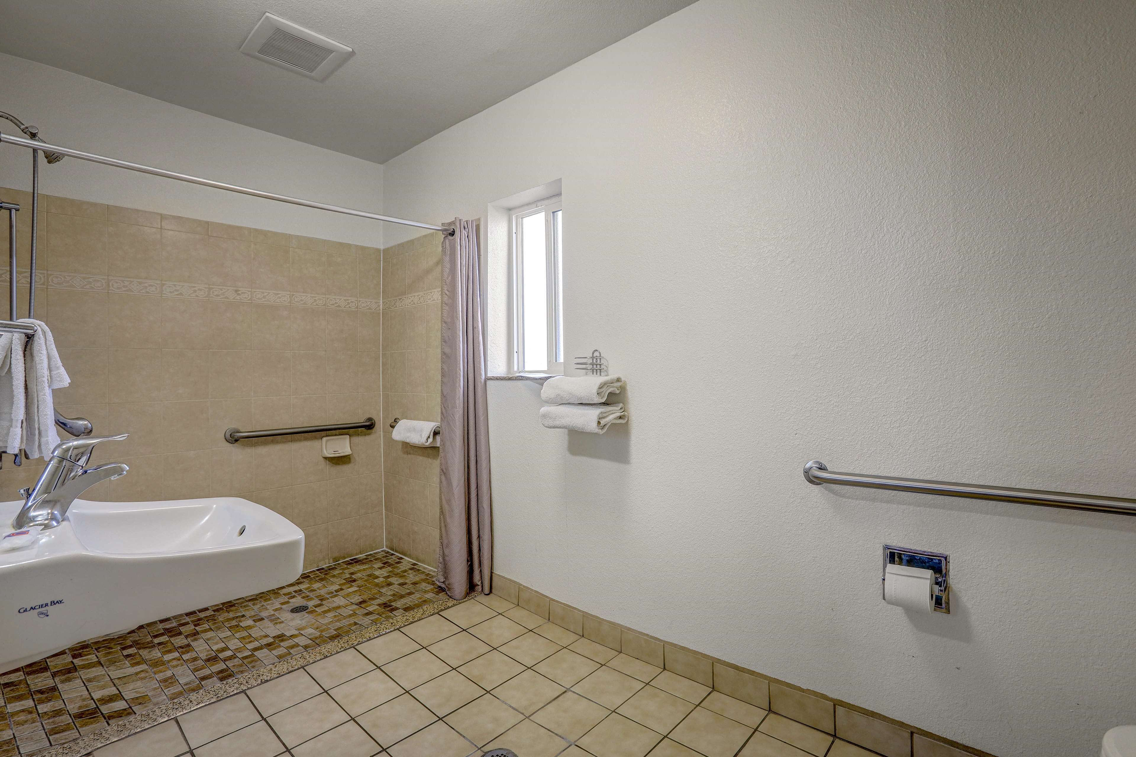 A bathroom with a sink, handrails, a shower, and a toilet paper holder.