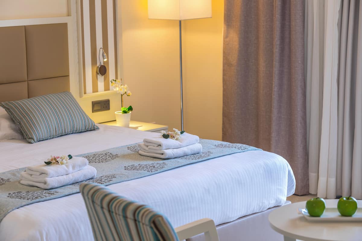 A hotel room with a neatly made bed, a bedside table with a lamp, a small potted plant, and a window with curtains.