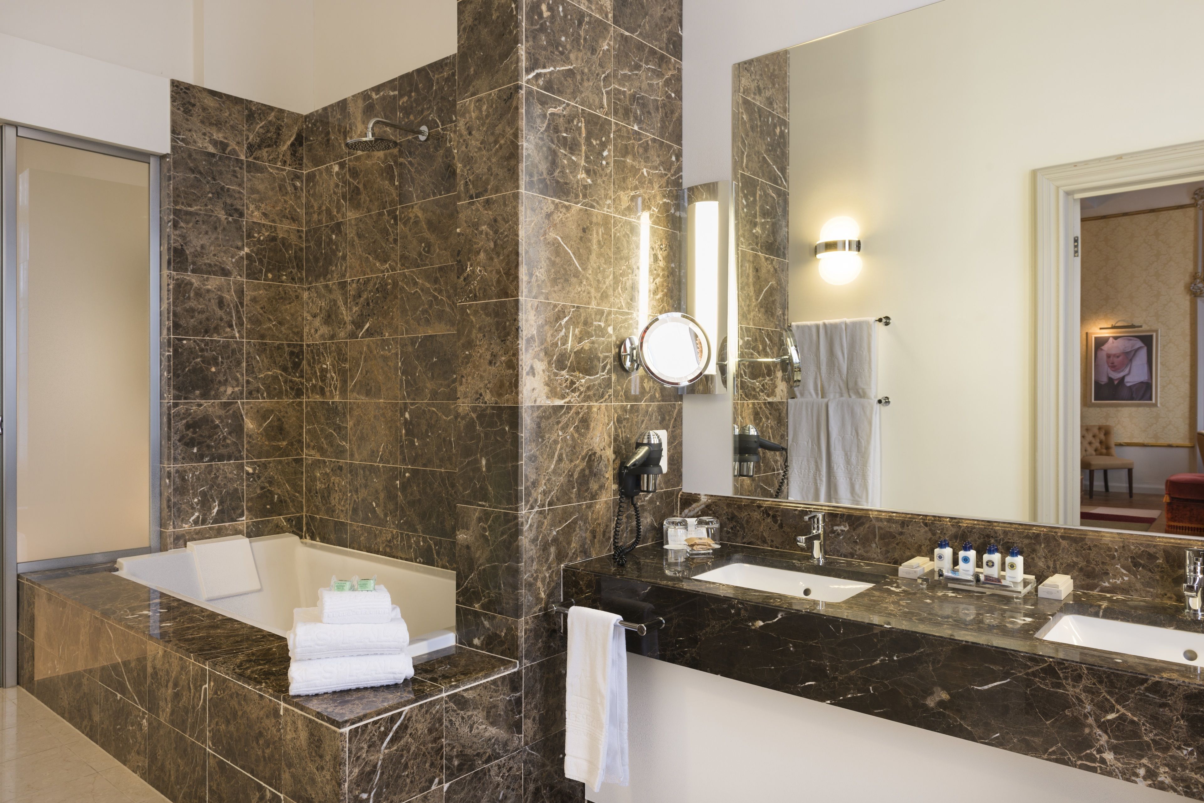 hair dryer, bathrobes, slippers, towels