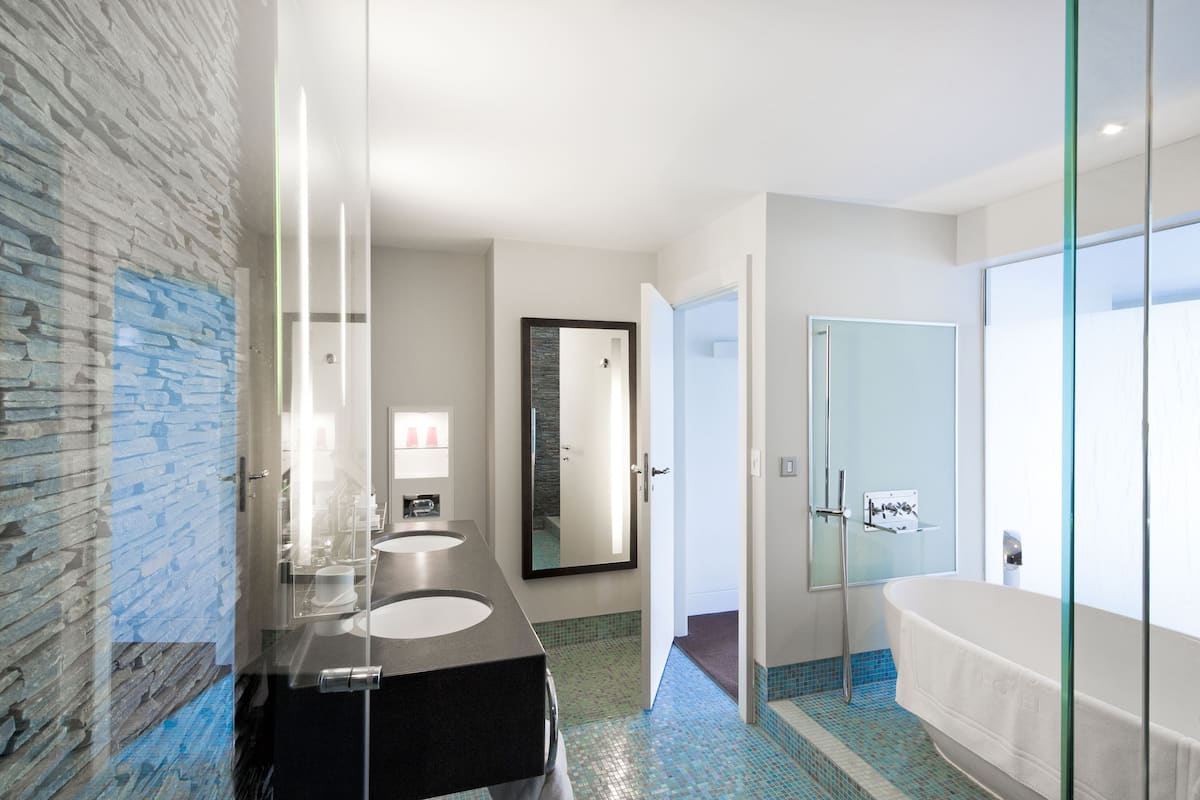 separate bathtub and shower, free toiletries, hair dryer, bathrobes