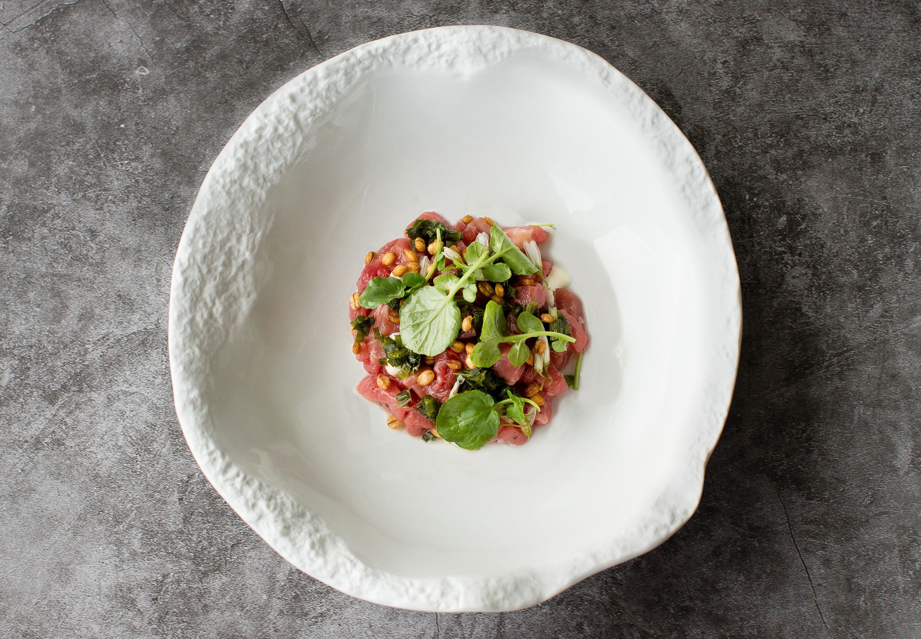 A white plate with a dish of raw meat and greens on a textured gray surface.