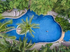 Vista aérea de una piscina rodeada de exuberante vegetación y palmeras.
