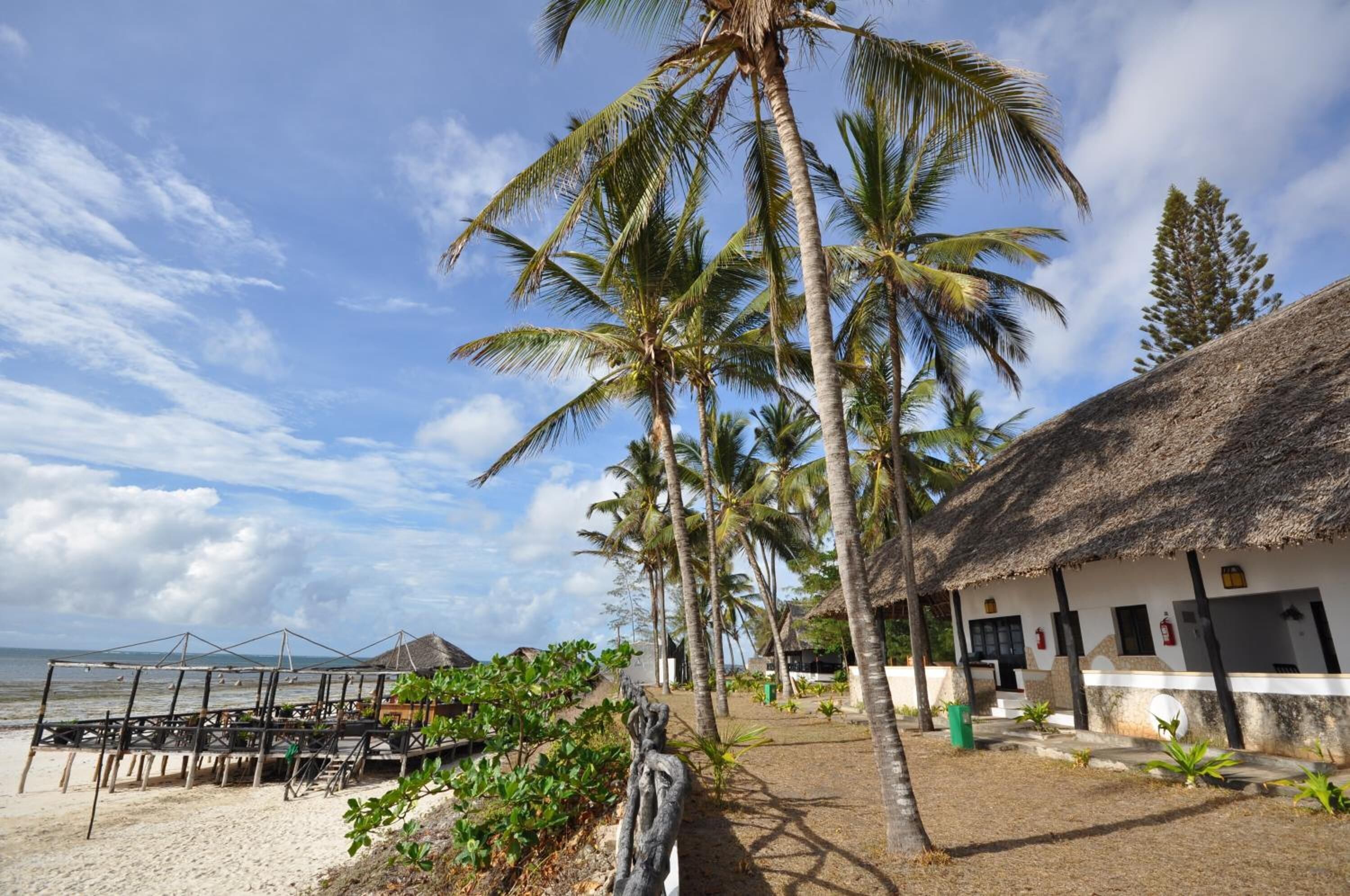 A beachside resort with thatched-roof buildings, palm trees, and a sandy beach.