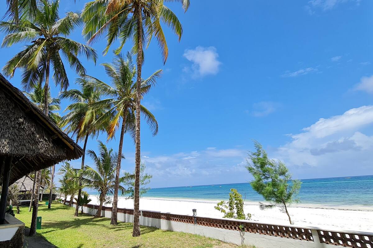 A beachside hut with a thatched roof, a white sandy beach, and palm trees.