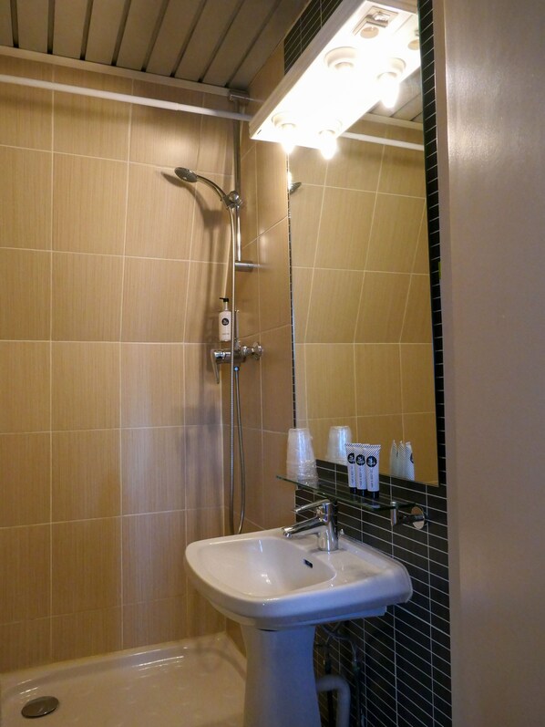 Un baño con ducha, lavabo y espejo.