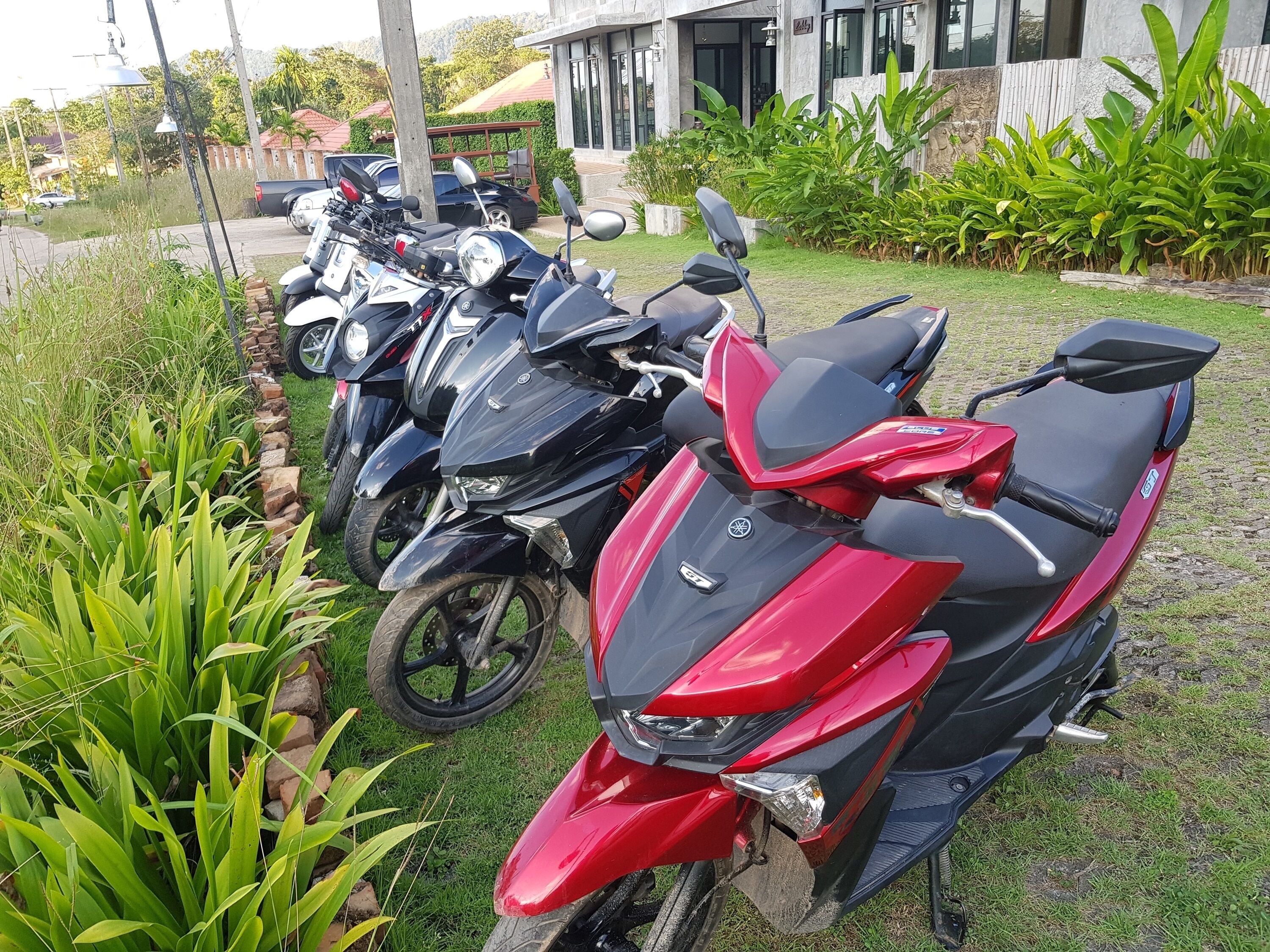 A row of motorcycles parked on a grassy area with a building in the background.