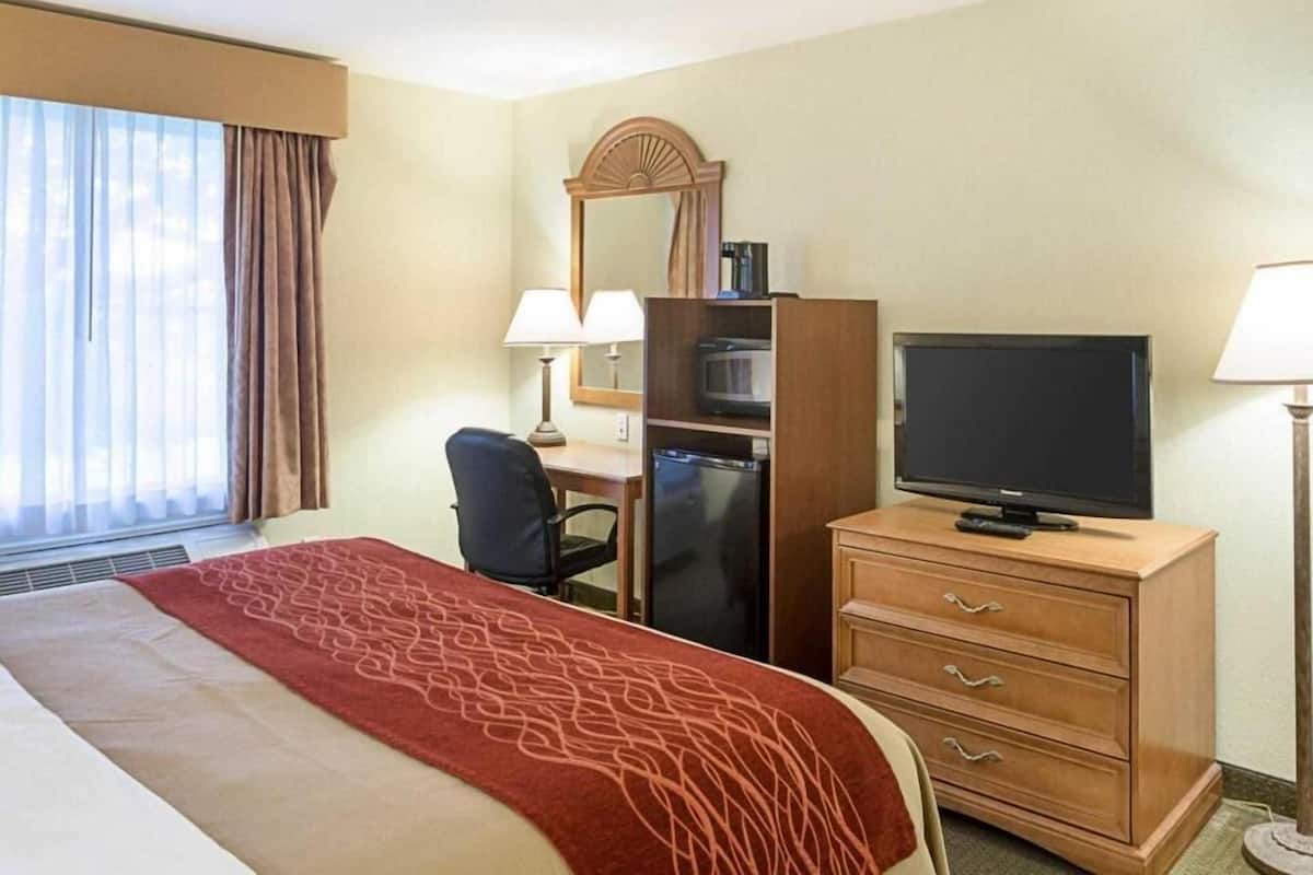 Une chambre d’hôtel comprenant un lit, un bureau avec un ordinateur, une télévision et un miroir.