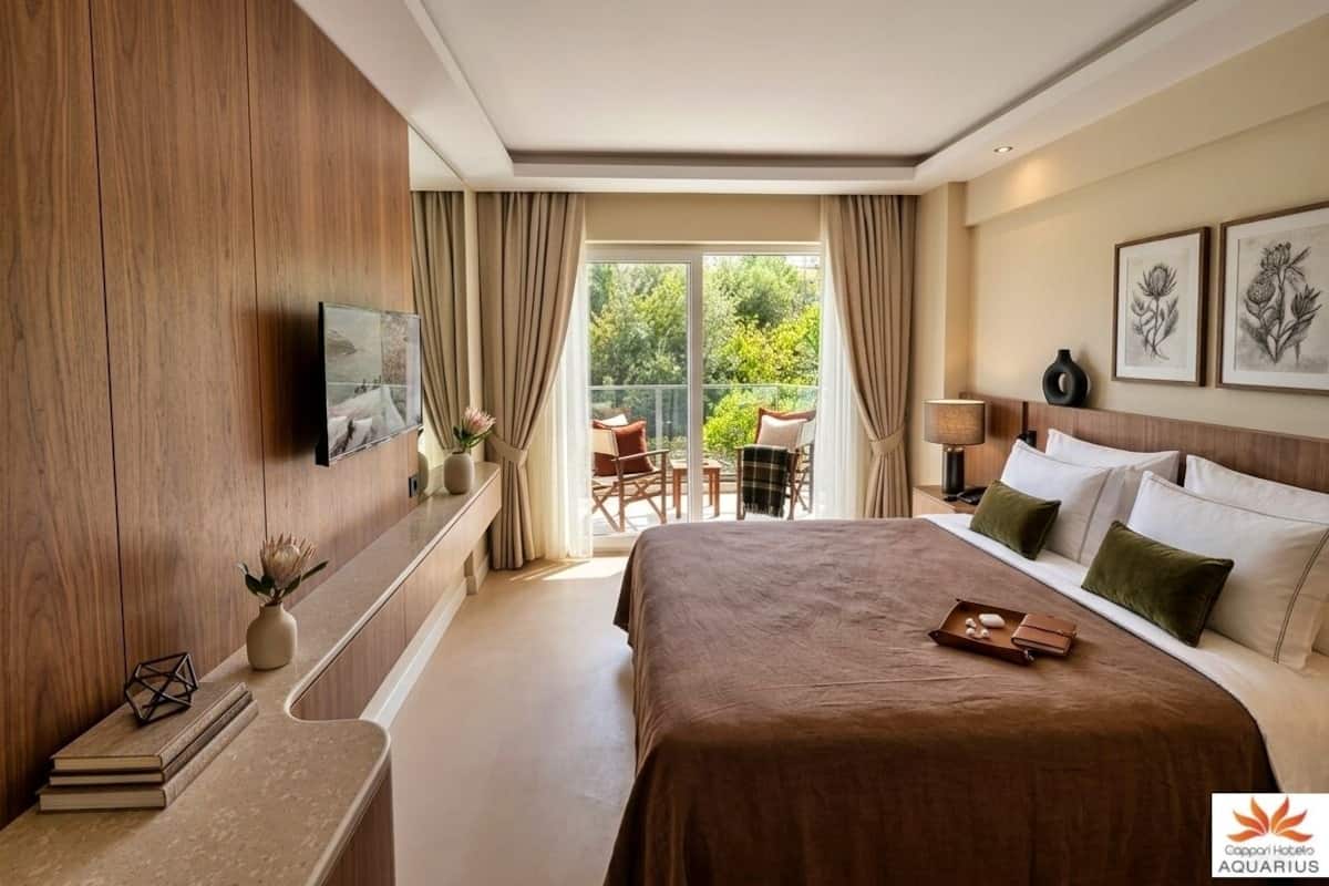 A hotel room with a large bed, a TV, a balcony with a table and chairs, and a view of greenery.