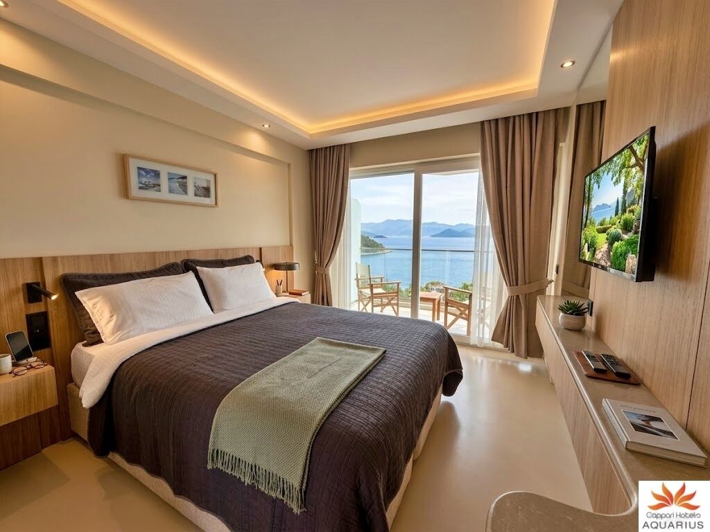 A hotel room with a large bed, a TV, a desk, and a view of the sea.