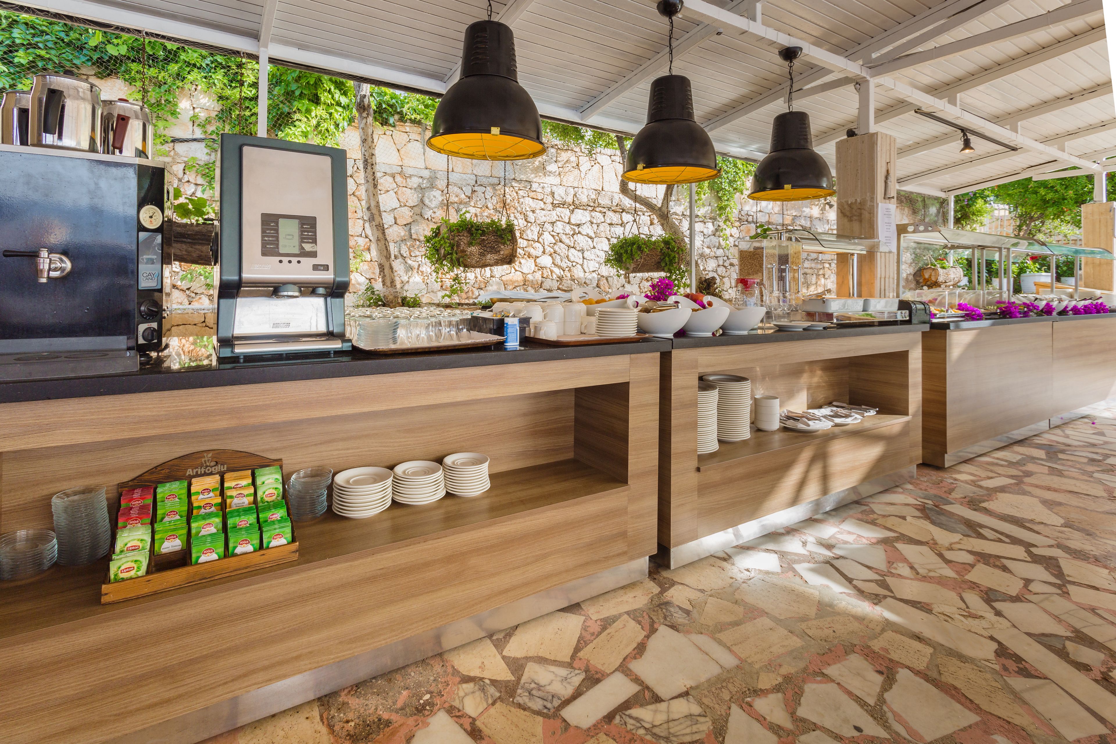 Un área de cocina moderna con pared de piedra, plantas colgantes y una cafetera.