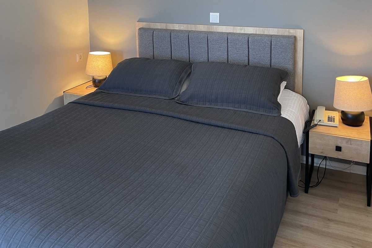 A modern bedroom with a large bed, two bedside tables with lamps, a ceiling light, and a wall-mounted air conditioning unit.