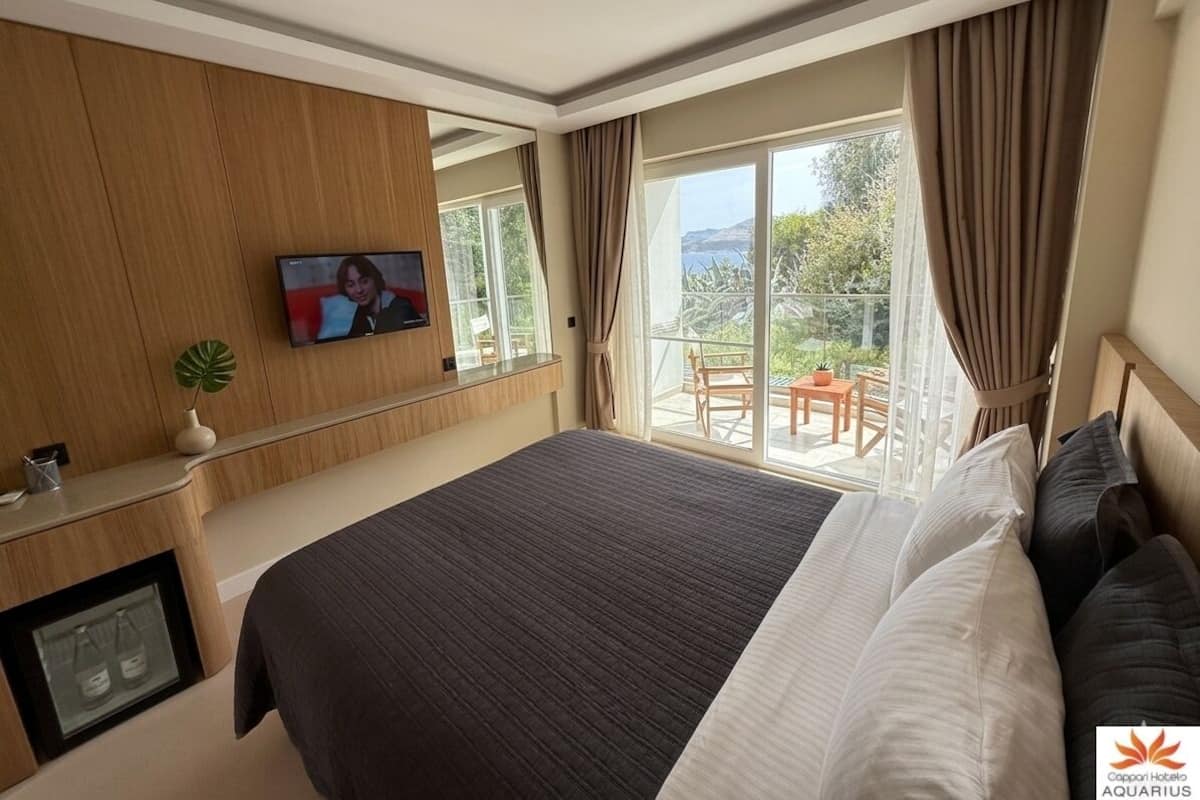 A hotel room with a large bed, a TV, a balcony with a table and chairs, and a view of the outdoors.