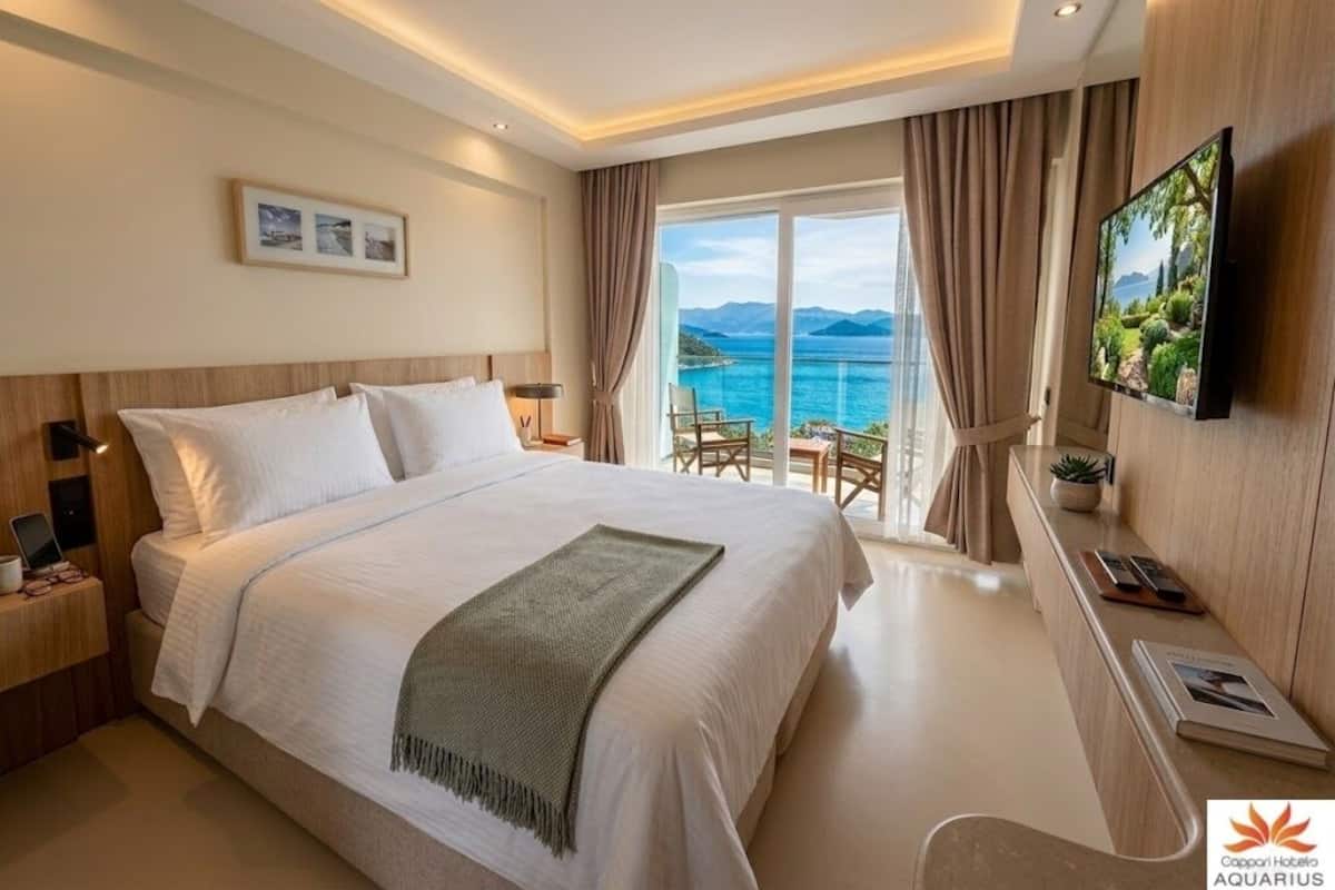A hotel room with a large bed, a TV, a desk with a chair, and a view of the sea.