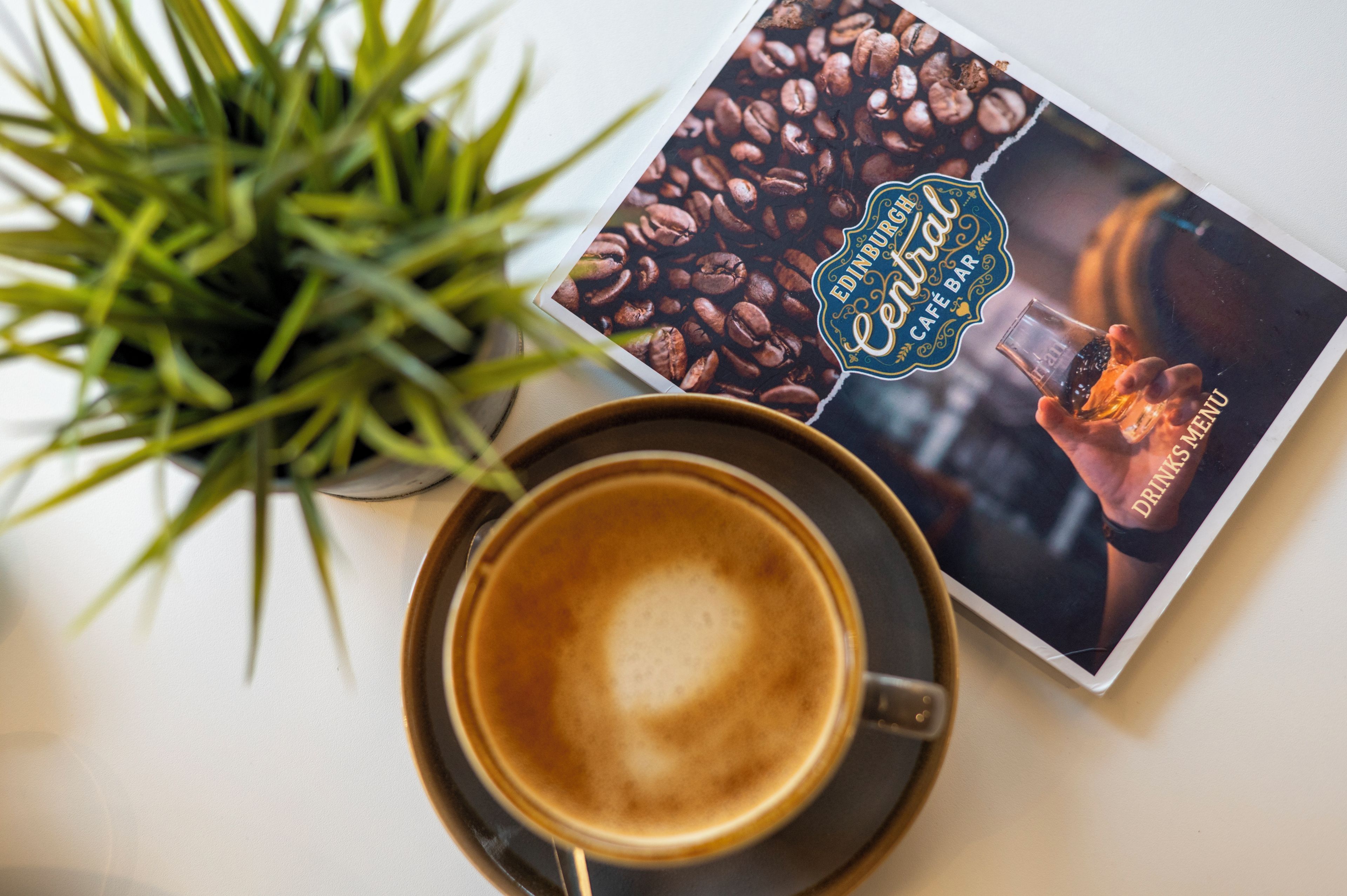 Eine Tasse Kaffee mit Latte-Art-Design, eine Speisekarte und ein Topf mit Pflanze auf einem Tisch.