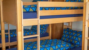 A bunk bed room with blue and green patterned bedding.