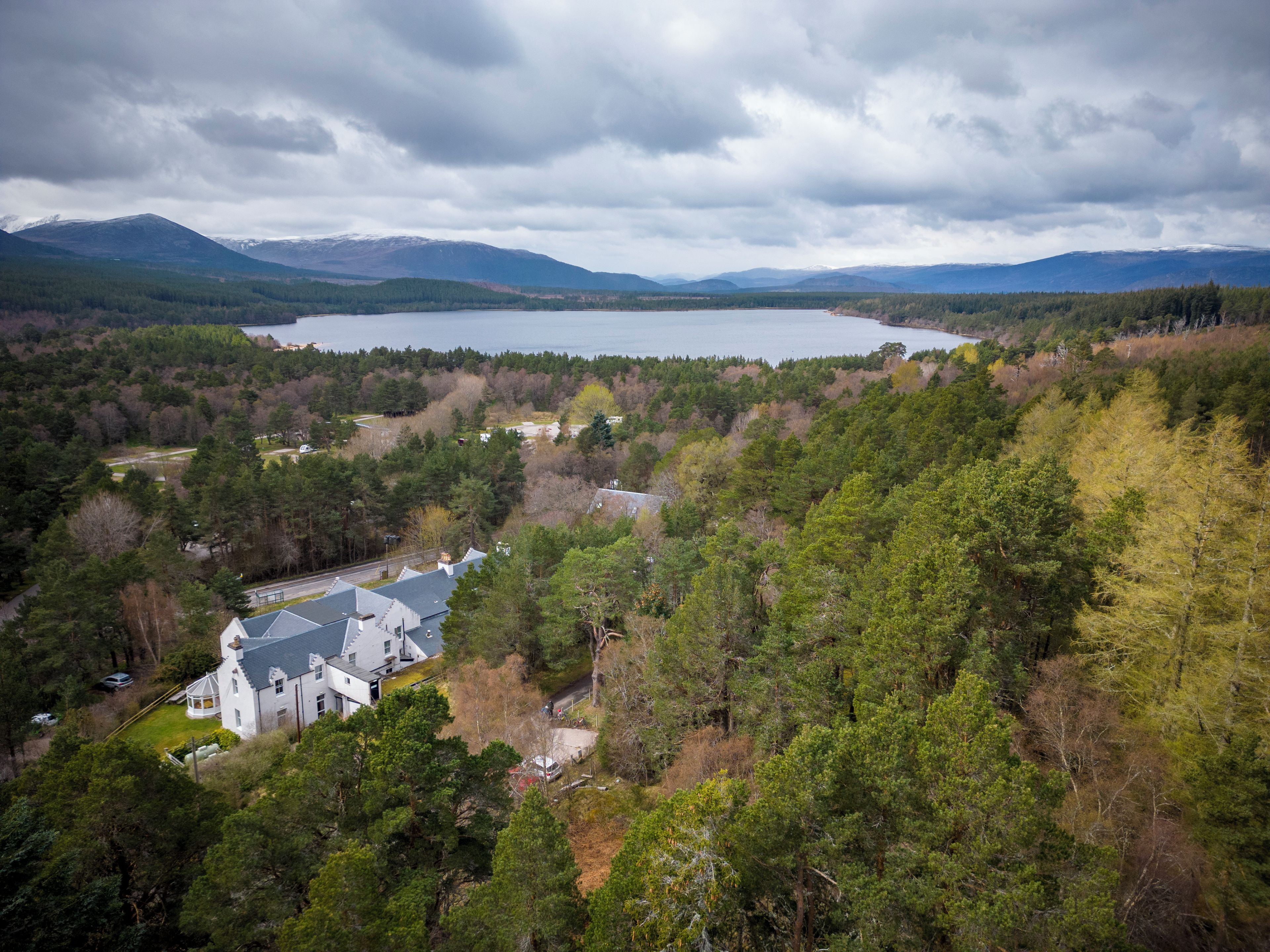 A large house surrounded by dense forest, with a lake and mountains in the background.