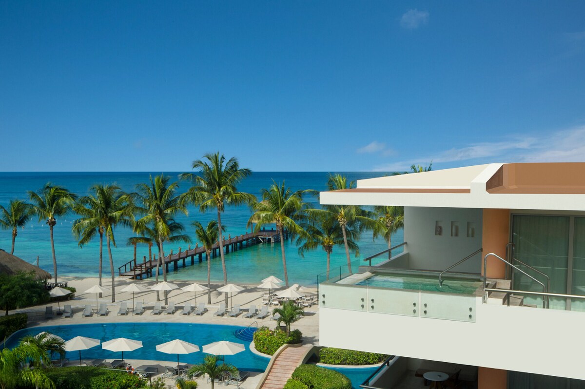 A modern style balcony with a private pool over looks a row of palm trees and a private dock stretching out into the crystal blue ocean.

