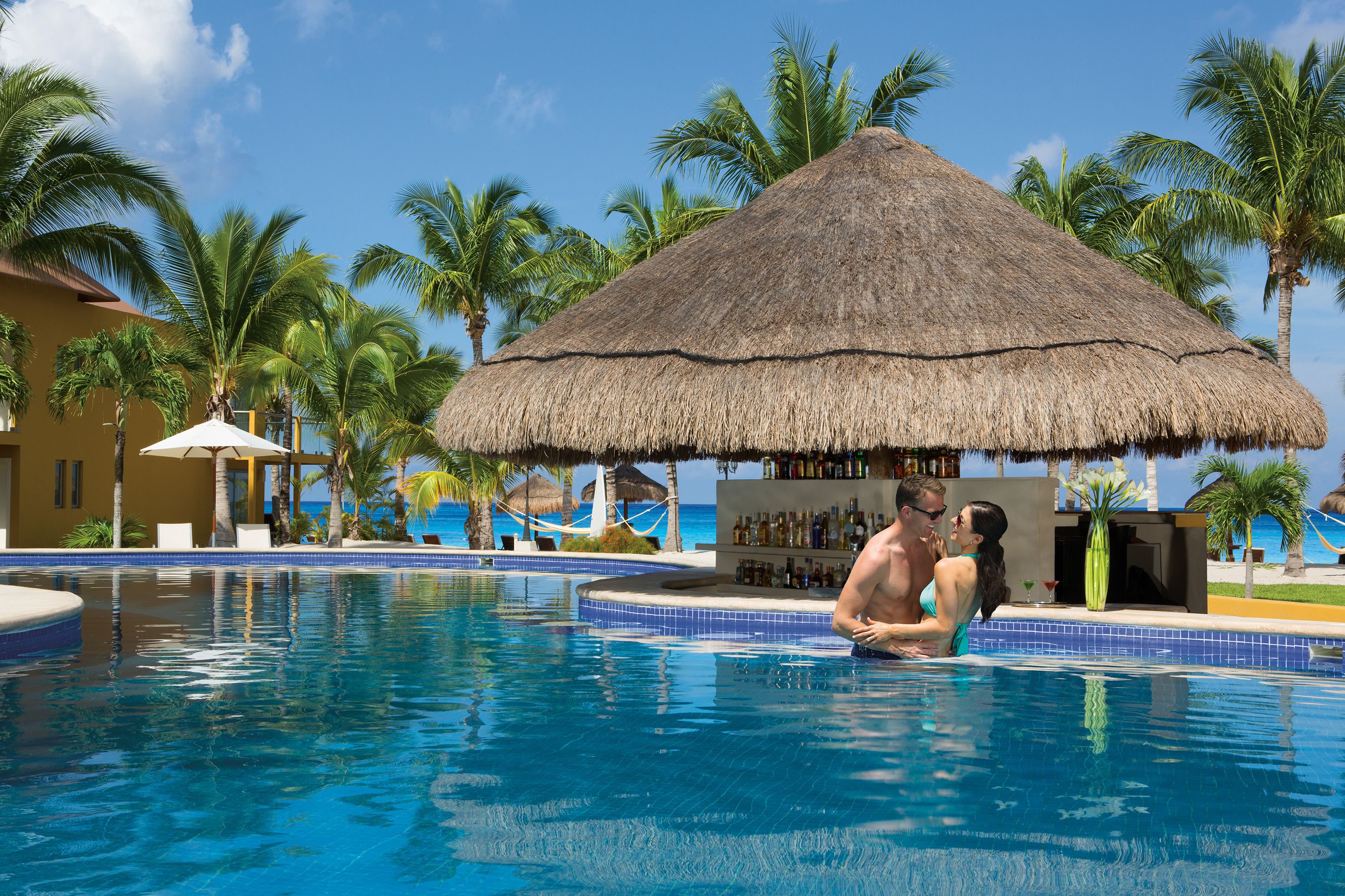 A swimming pool with a thatched-roof structure, palm trees, and a bar area.