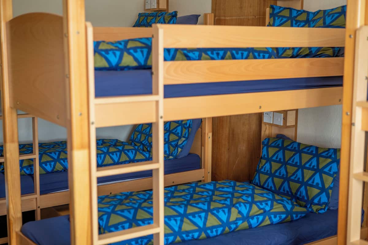 Quarto com beliches e roupa de cama com padrão azul e verde.