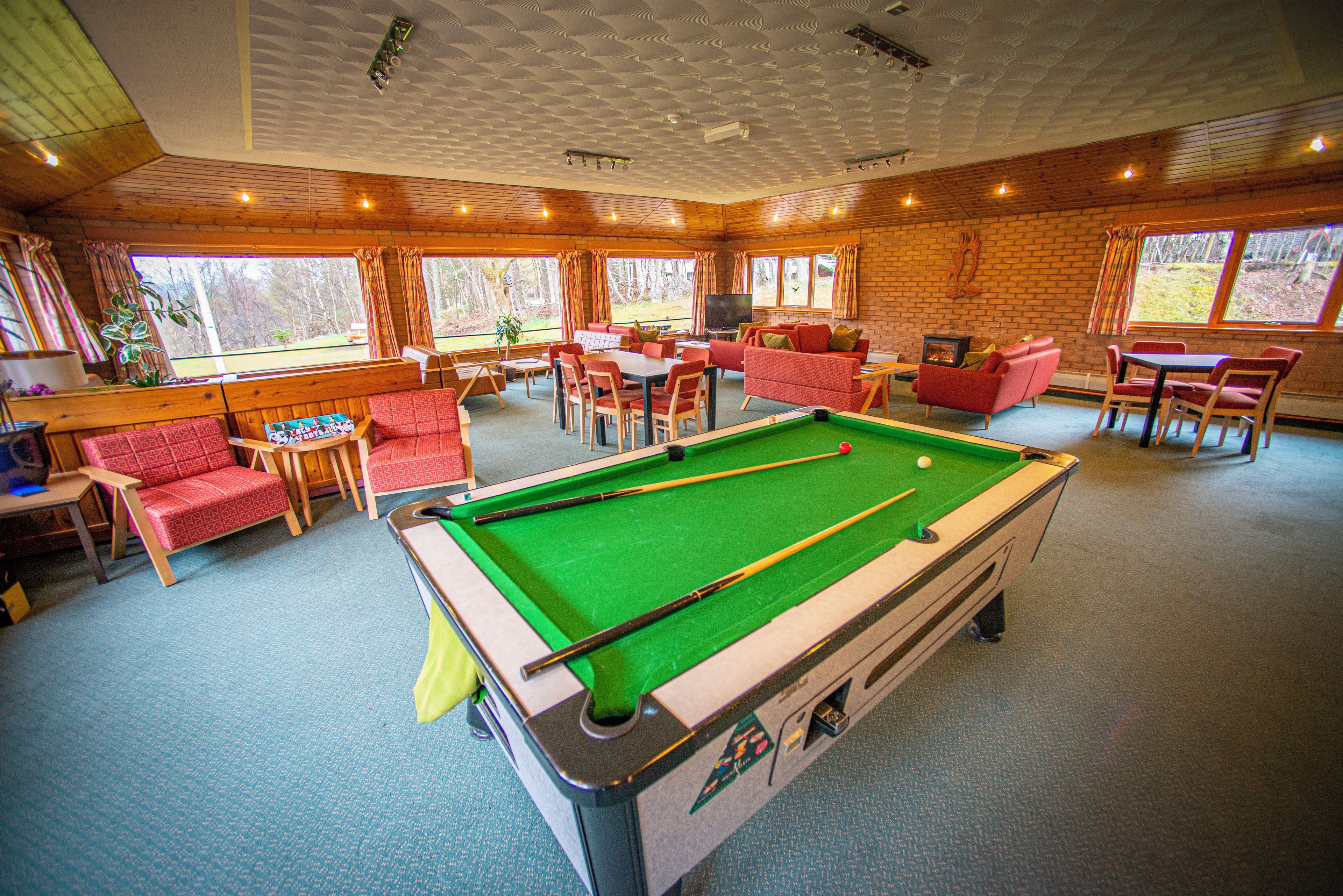 Een pooltafel in een ruimte met houten wanden, een open haard en een televisie.