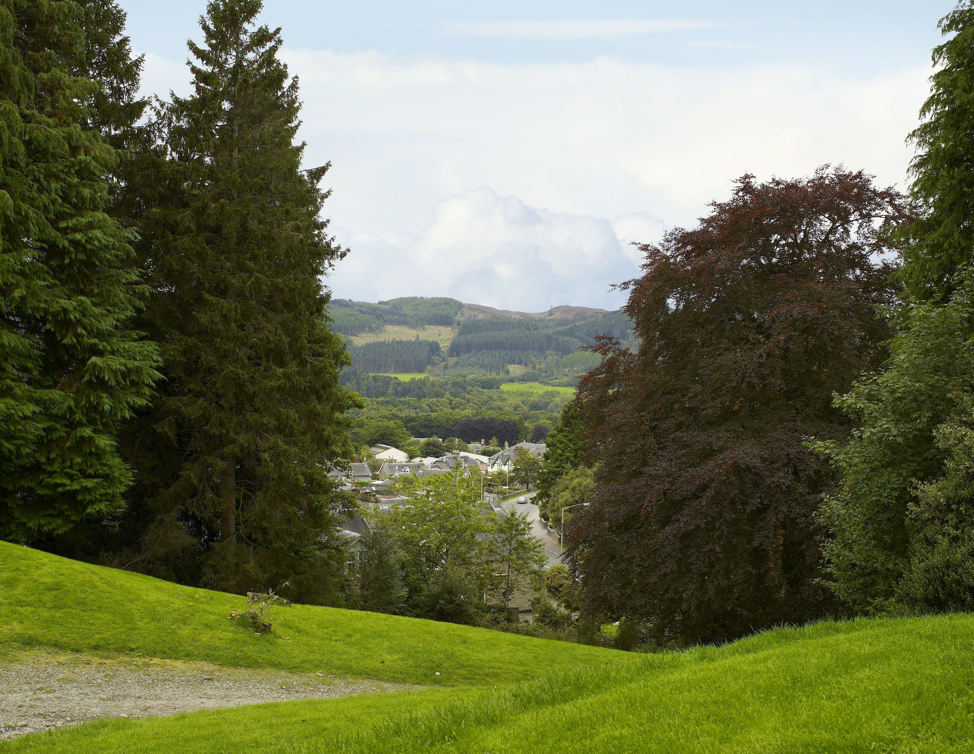 Üppige grüne Landschaft mit einem Tal, Bäumen und einem entfernten Blick auf eine kleine Stadt.