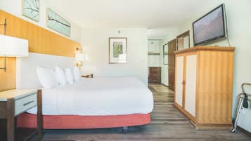 Una habitación de hotel con cama, escritorio, armario y televisor.