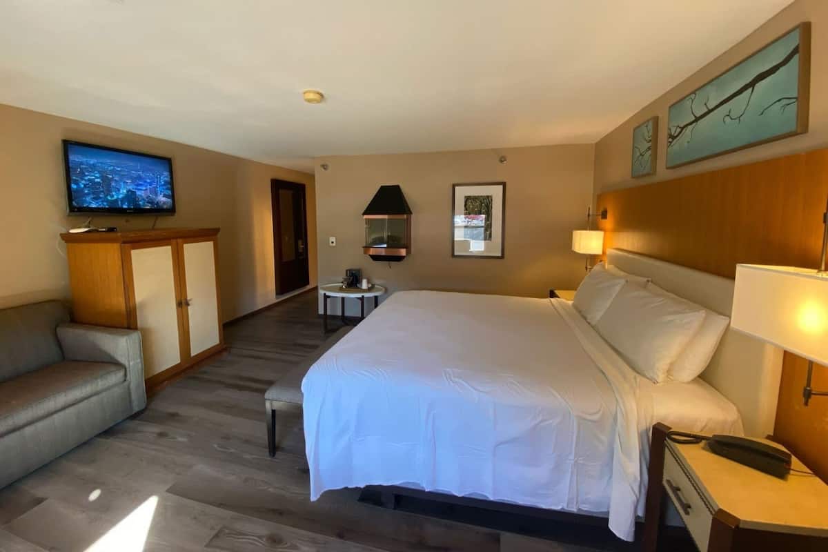 Una habitación de hotel con cama, televisor, escritorio, silla y obras de arte en las paredes.