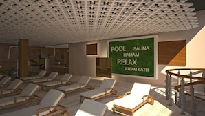 Uma área de spa com espreguiçadeiras, piscina, sauna, hammam, espaço relaxamento e banho de vapor.