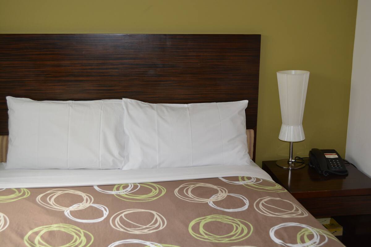 Habitación de hotel con cabecera de madera, cama con almohadas blancas, colcha estampada, mesita de noche con lámpara y teléfono.