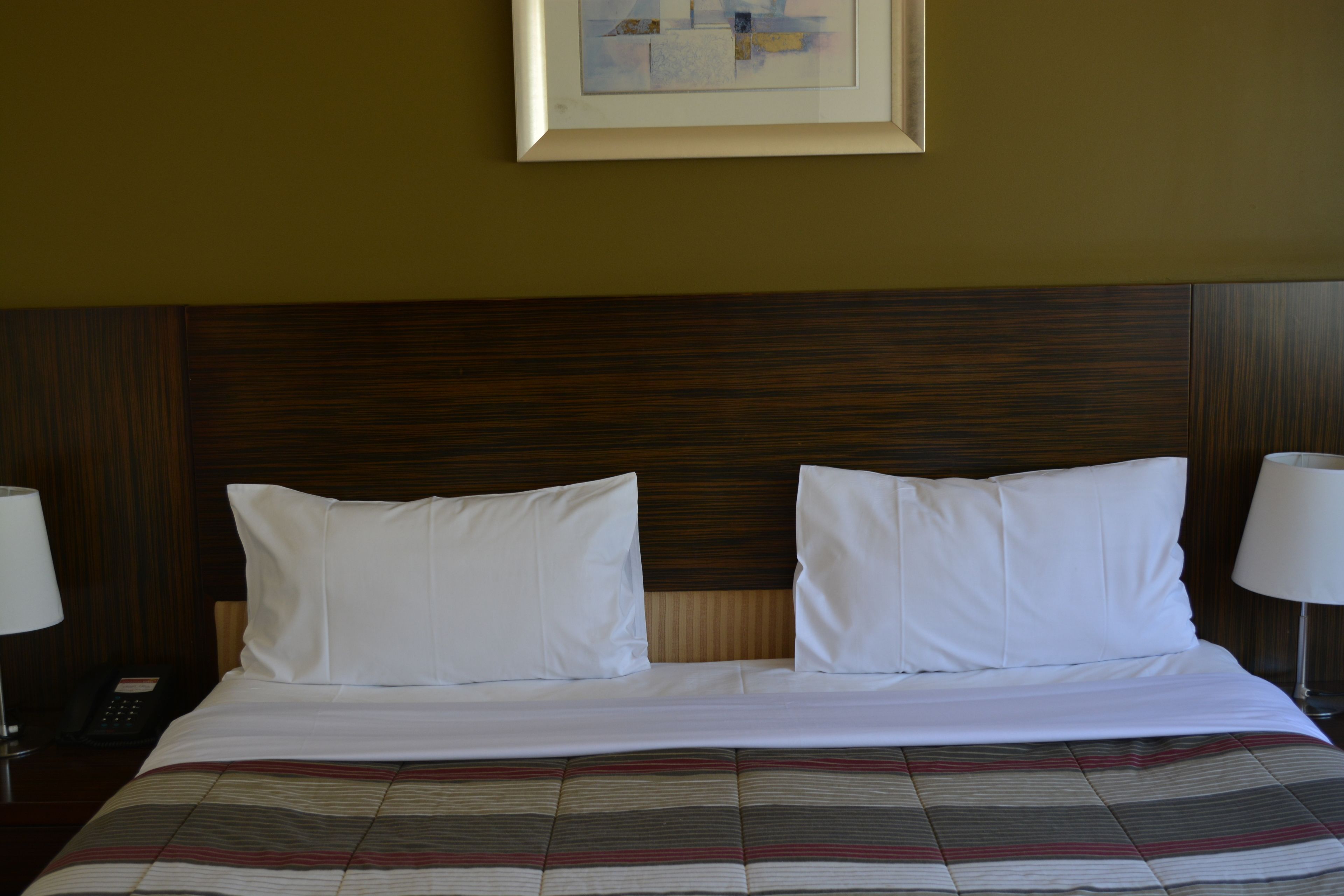 Una camera d'albergo con un letto, due cuscini, una coperta a righe, un quadro appeso al muro e un comodino con una lampada e un telefono.