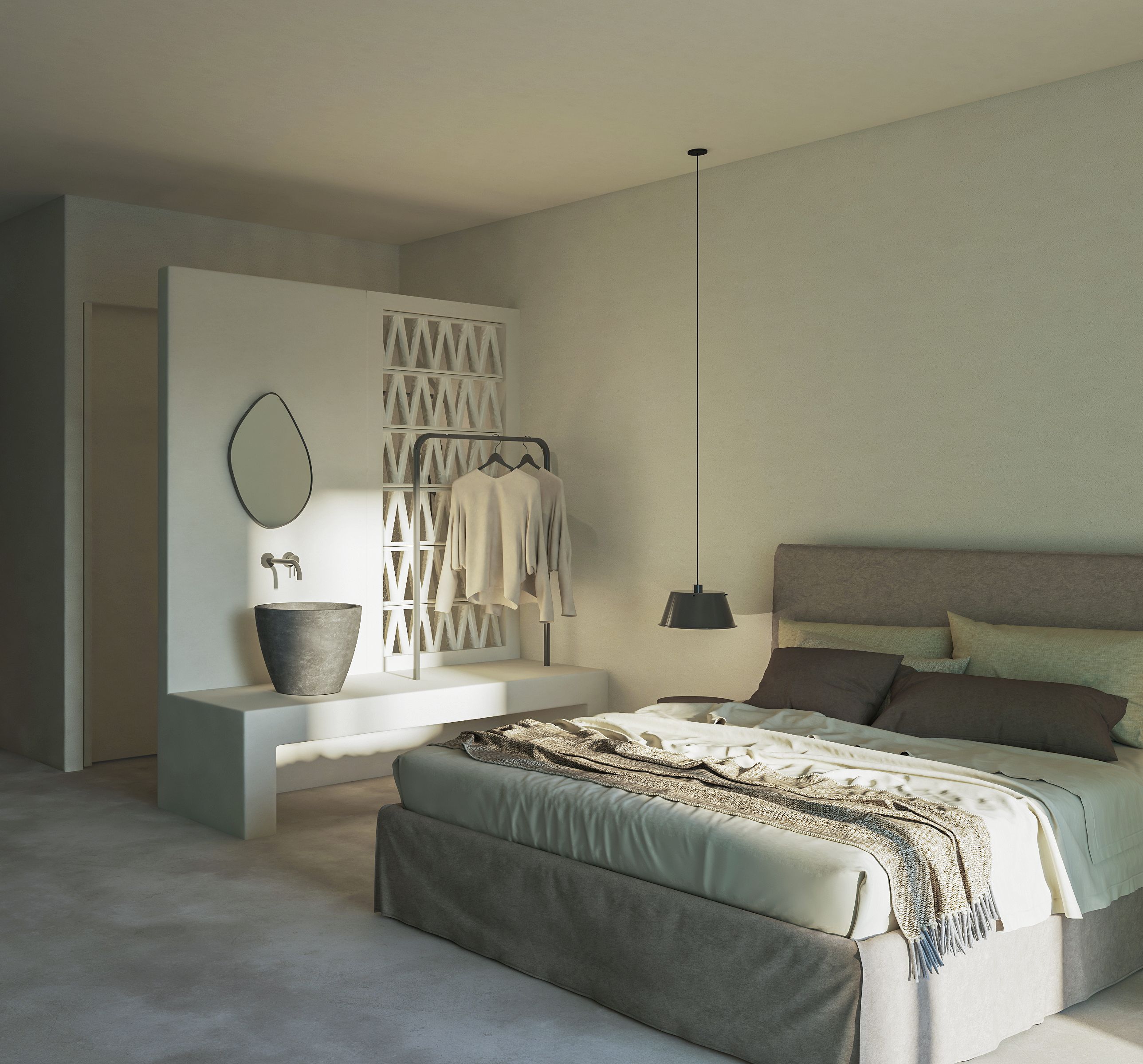 Un dormitorio con cama, mesita de noche, lámpara colgante y espejo instalado en la pared.