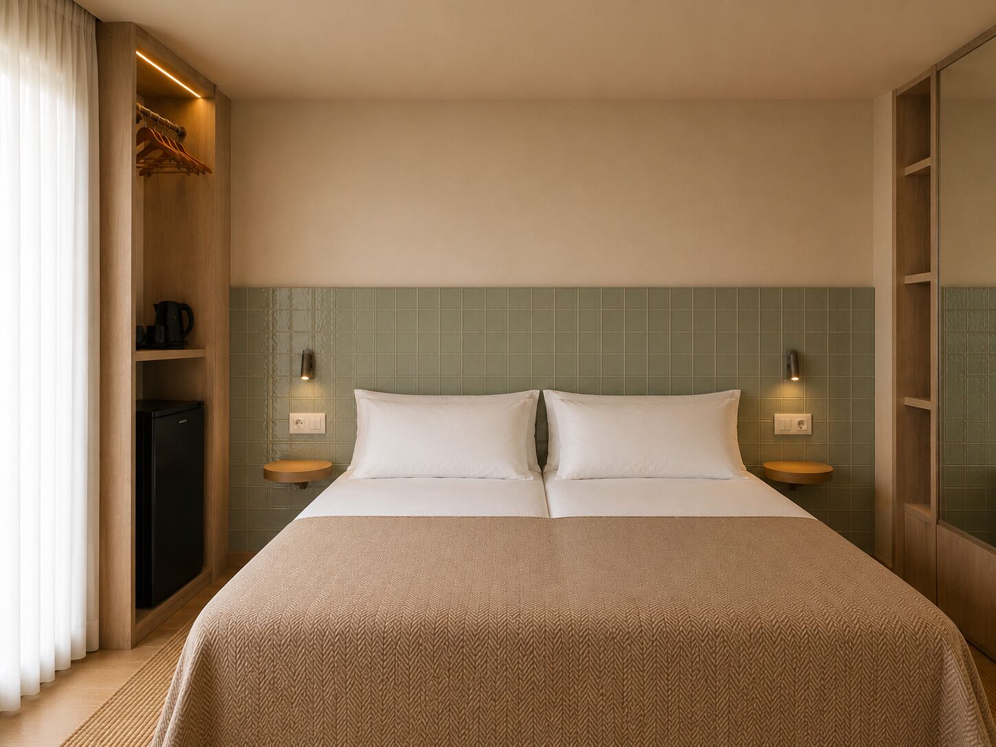 Ein Hotelzimmer mit Bett, Nachttischen, einem Kleiderschrank und einem Spiegel.