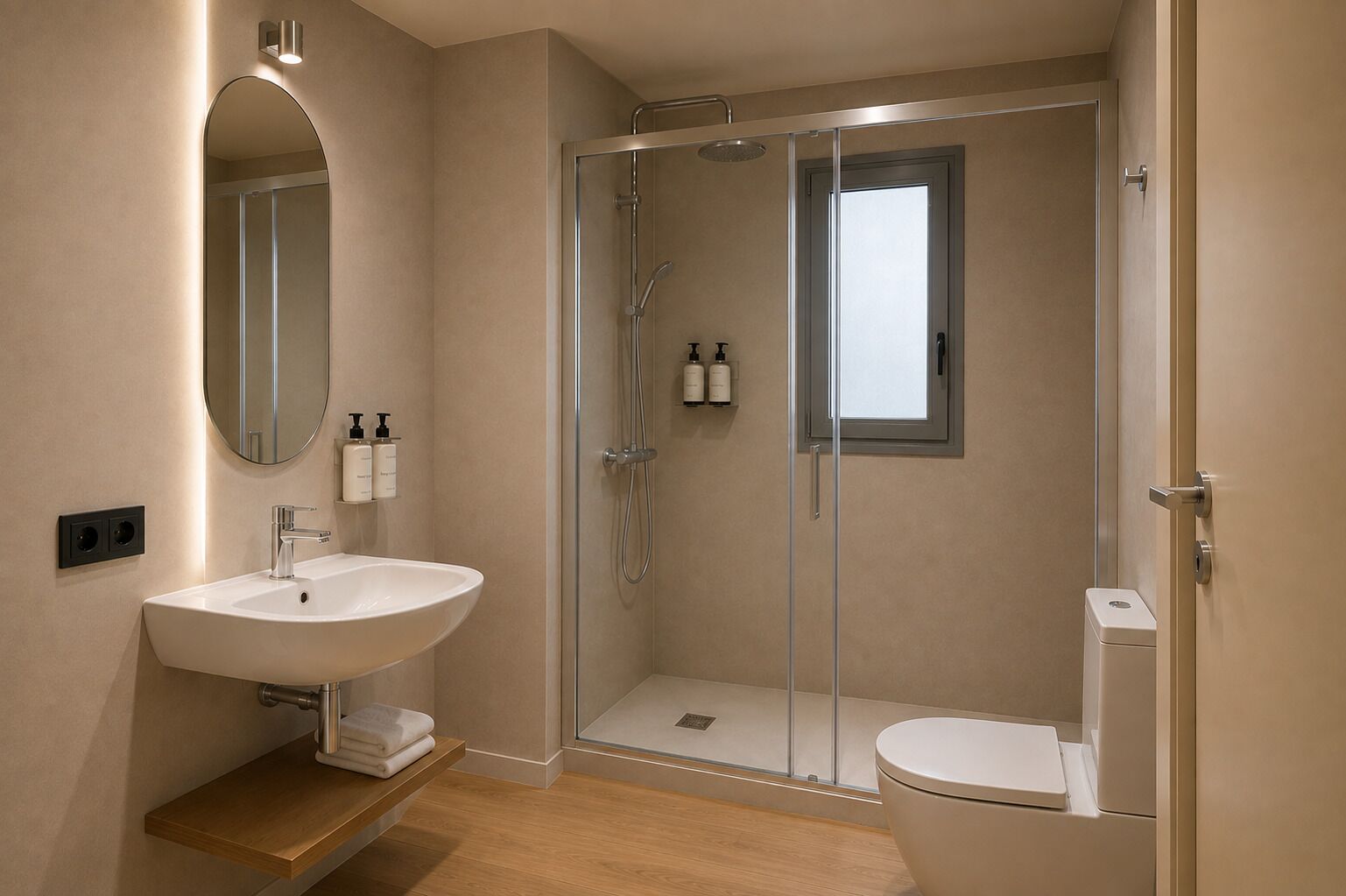Ein modernes Badezimmer mit einer gläsernen Duschkabine, einem weißen Waschbecken und einer Toilette.