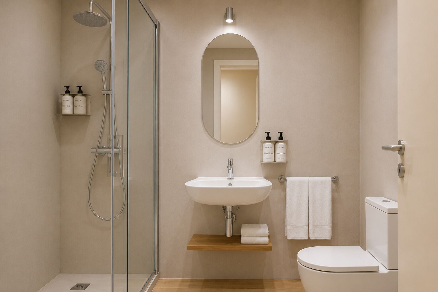 Ein modernes Badezimmer mit einer gläsernen Duschkabine, einem weißen Waschbecken und einer Toilette.