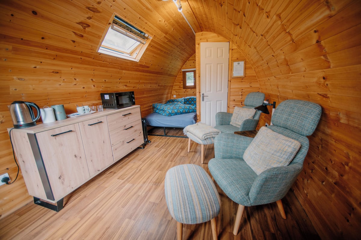 A cozy cabin interior with a wooden ceiling, a bed with patterned bedding, a seating area with a chair and ottoman, and a kitchenette with a coffee maker and microwave.