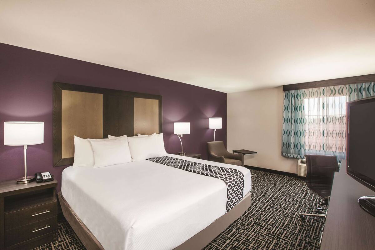 Habitación de hotel con una cama grande, lámparas de noche, un escritorio, una silla, un televisor y una alfombra estampada.