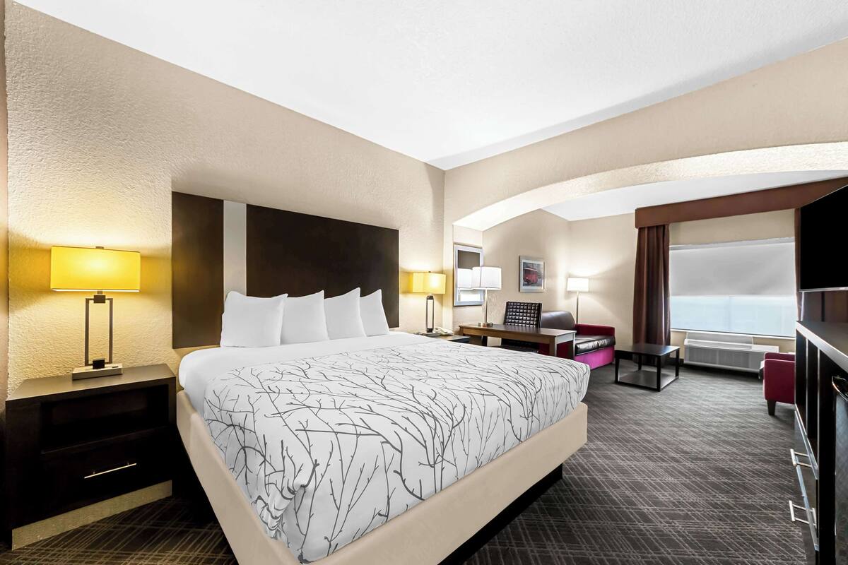Une chambre d’hôtel avec un grand lit, un bureau, une chaise et un téléviseur.