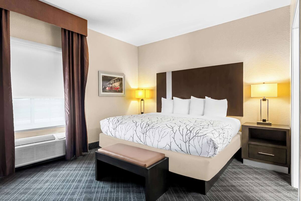 Une chambre d’hôtel avec un grand lit, deux tables de chevet avec des lampes, un banc, un tableau accroché au mur et une fenêtre avec des rideaux.